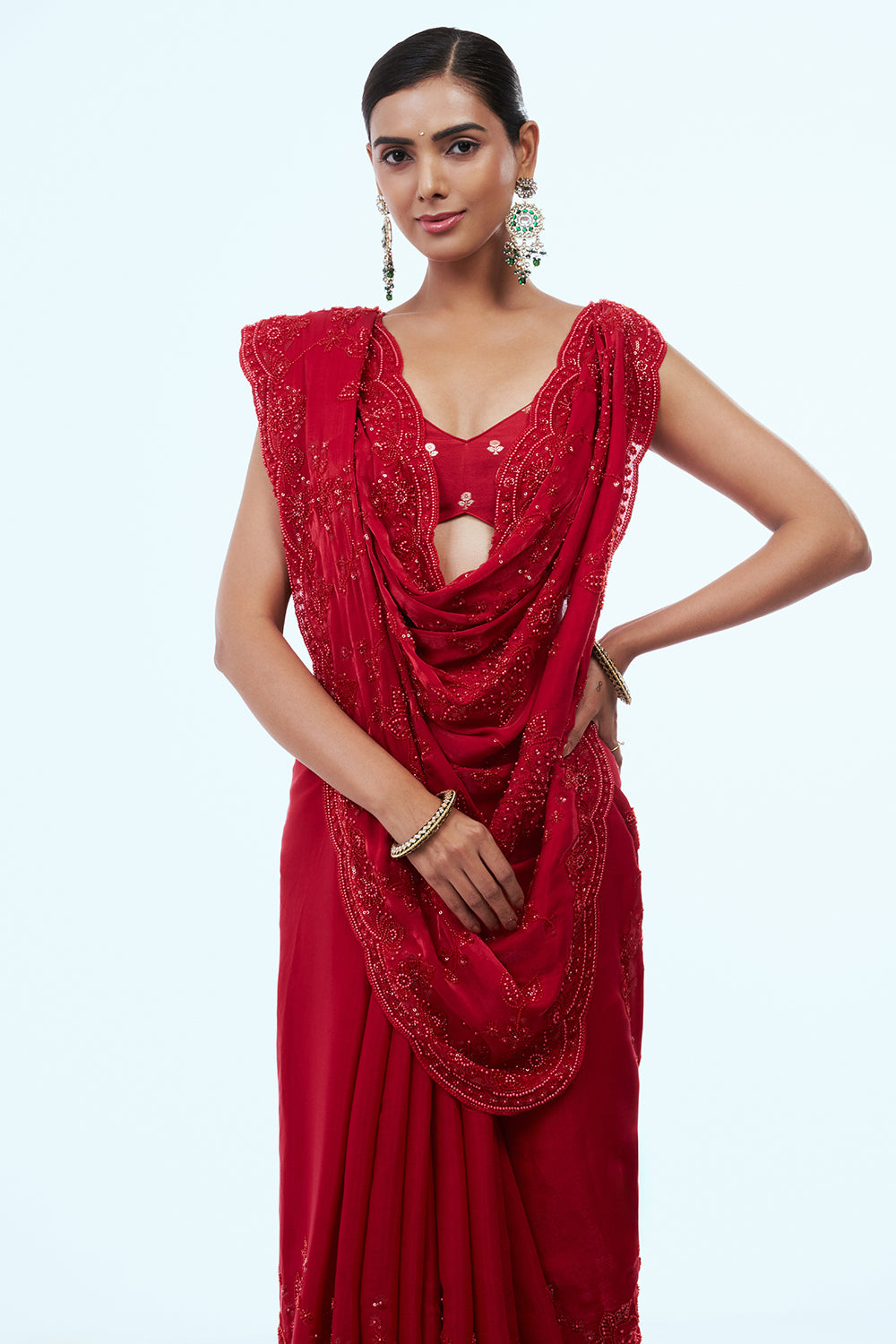 Red Jimmy Choo Saree with Thread Work