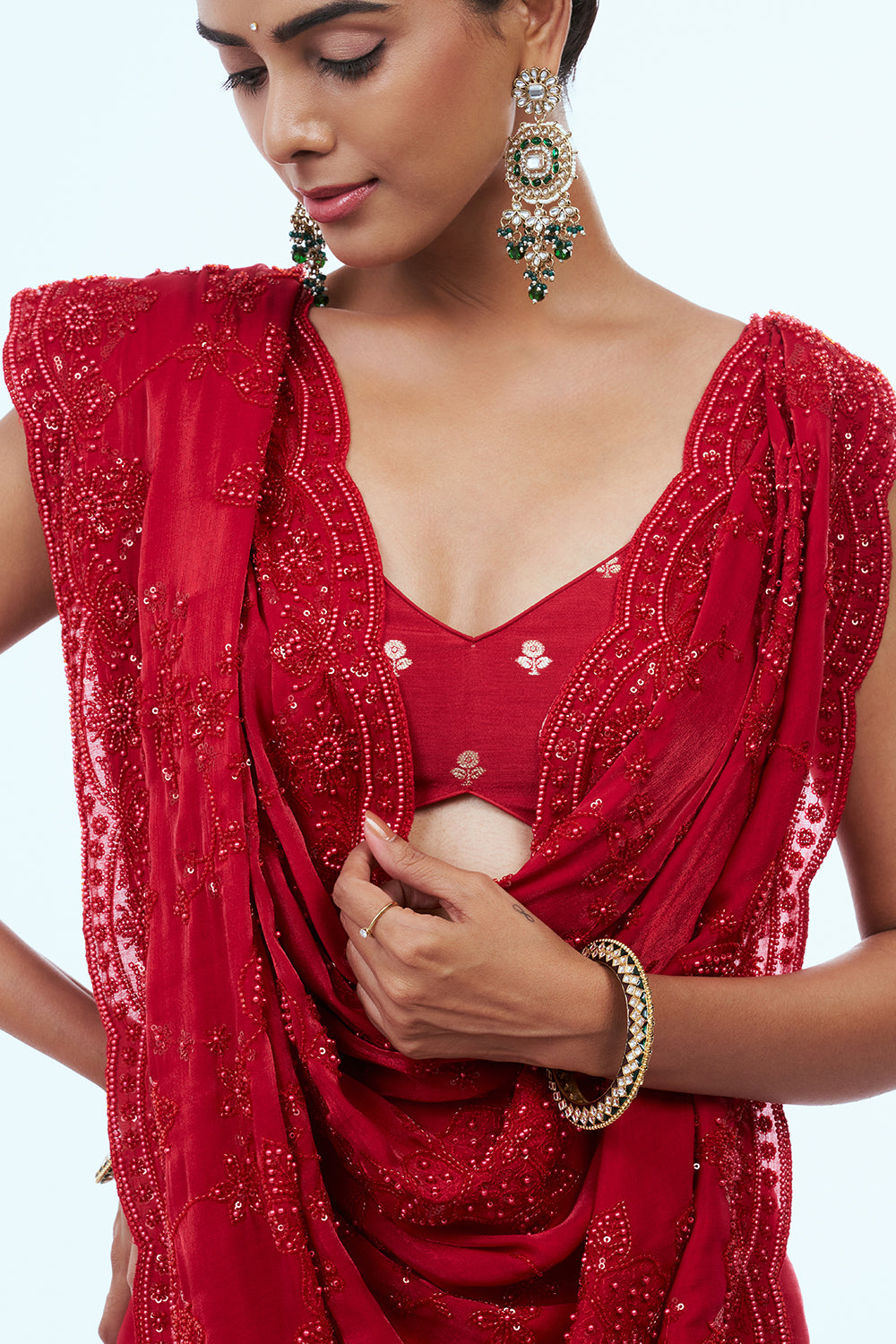Red Jimmy Choo Saree with Thread Work