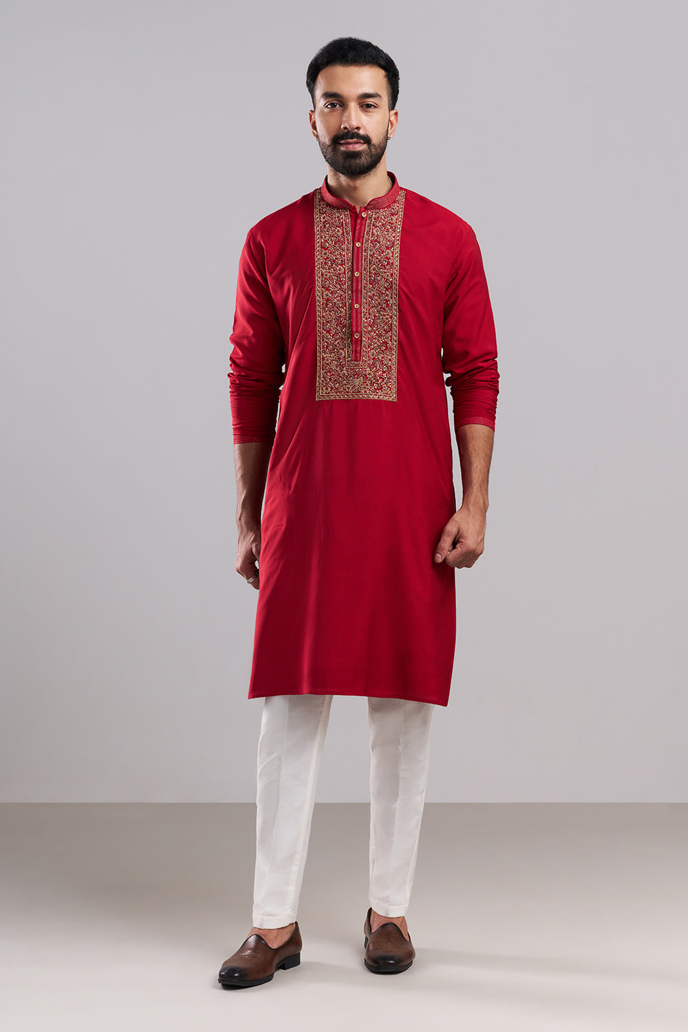 Red Linen Satin Embroidered Men’s Kurta Set