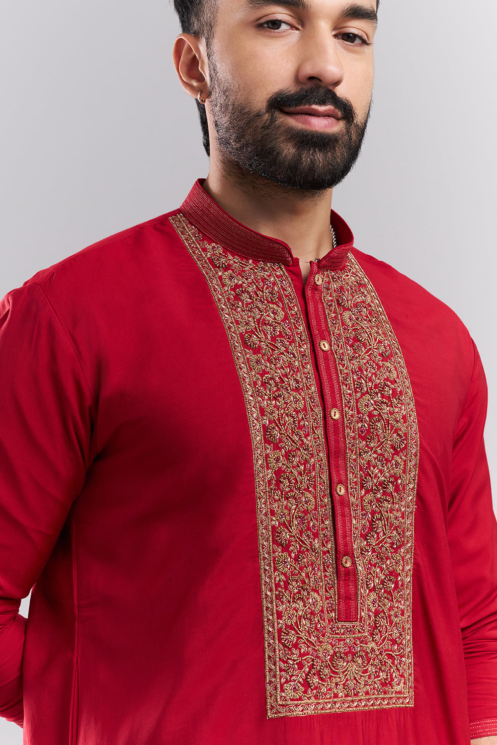 Red Linen Satin Embroidered Men’s Kurta Set