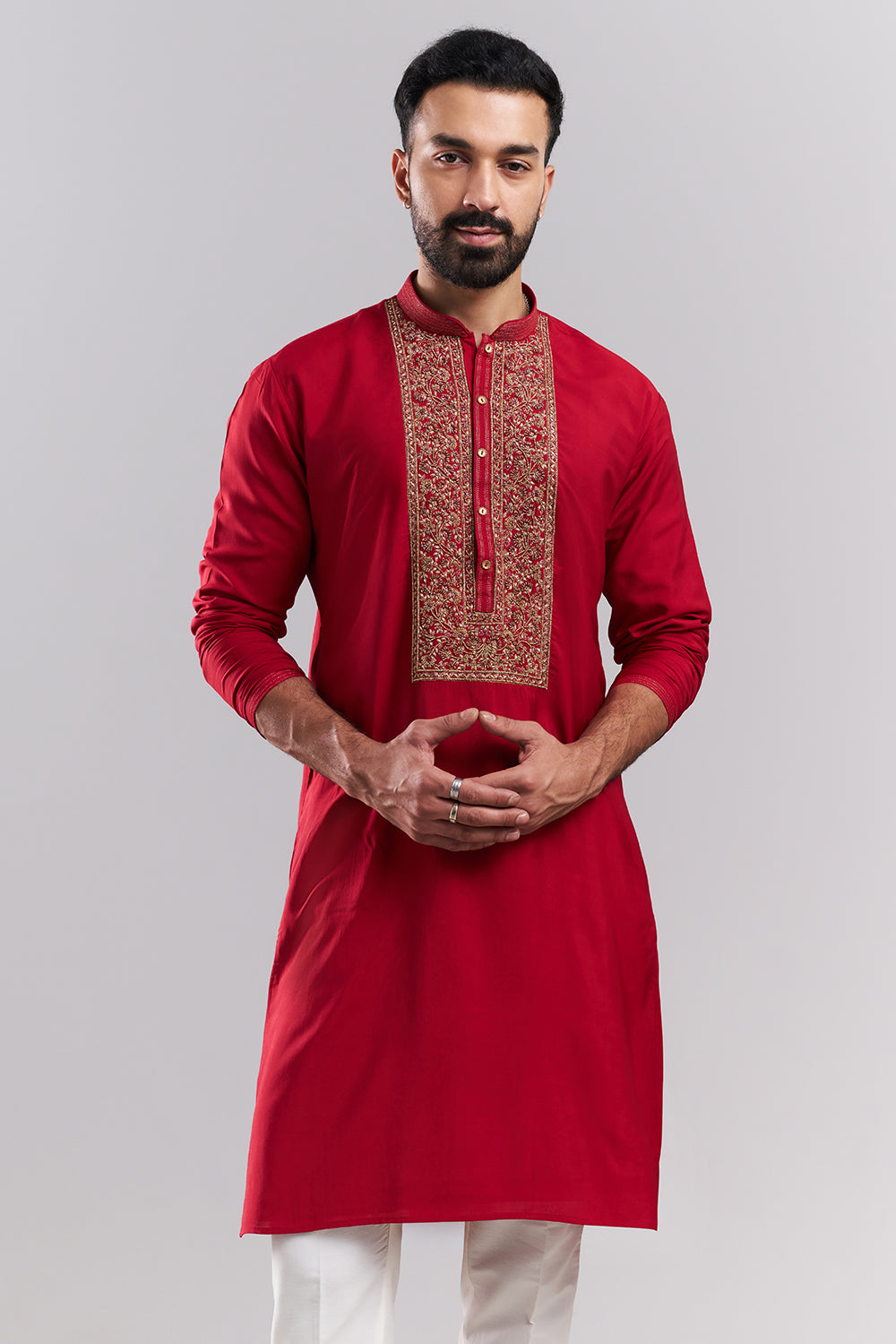 Red Linen Satin Embroidered Men’s Kurta Set