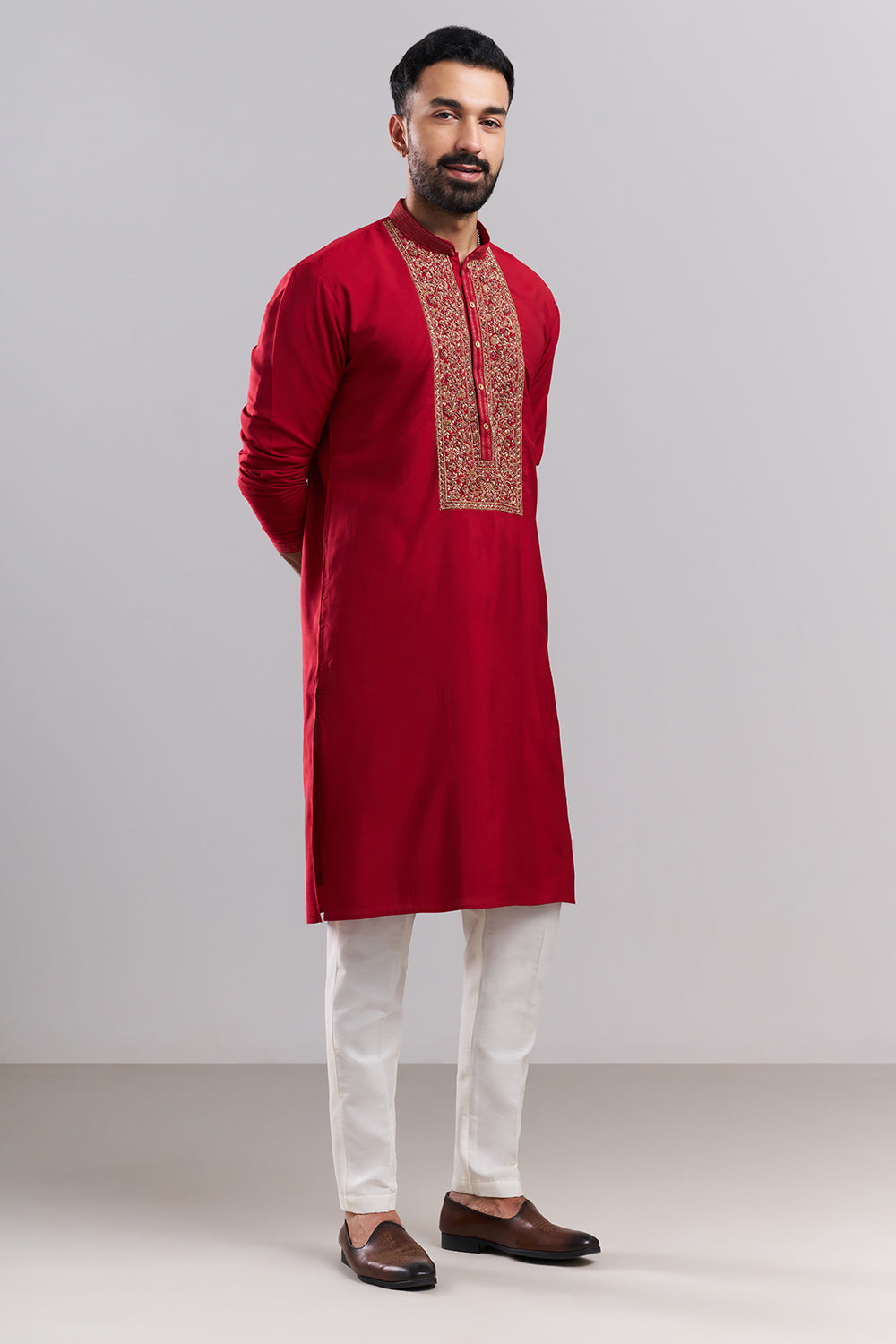 Red Linen Satin Embroidered Men’s Kurta Set