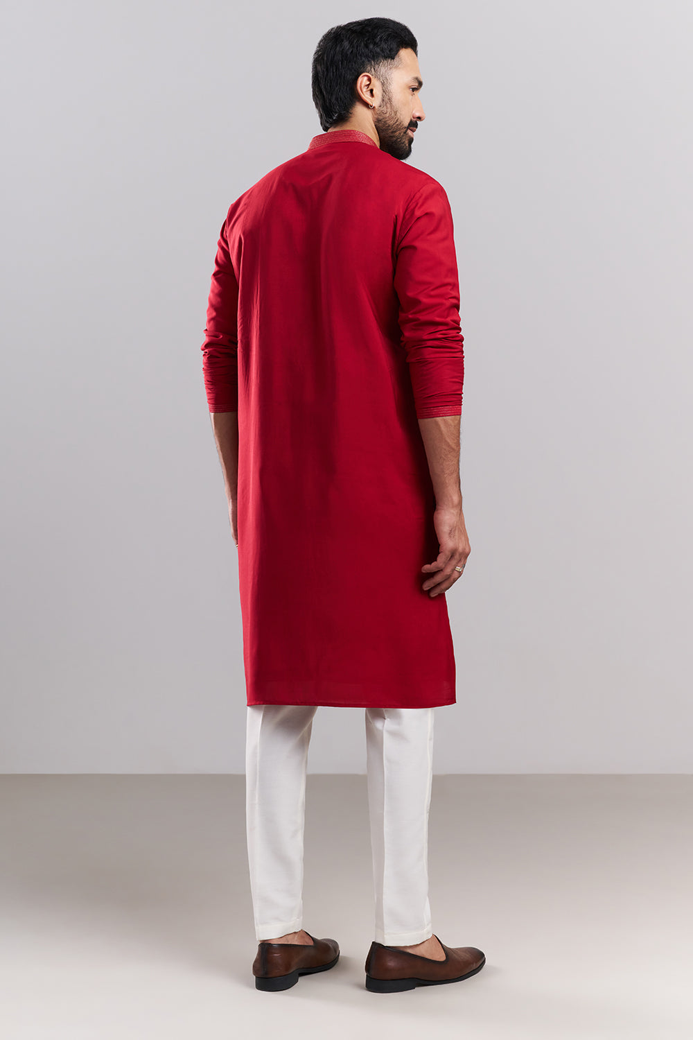 Red Linen Satin Embroidered Men’s Kurta Set