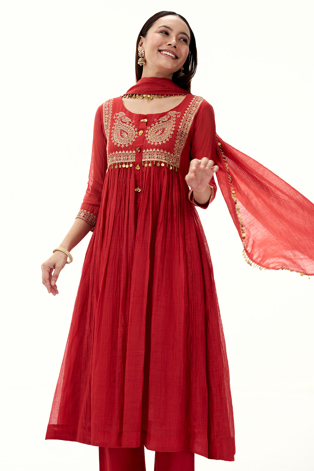 Red Mul Cotton Suit with Zari Work and Tassels