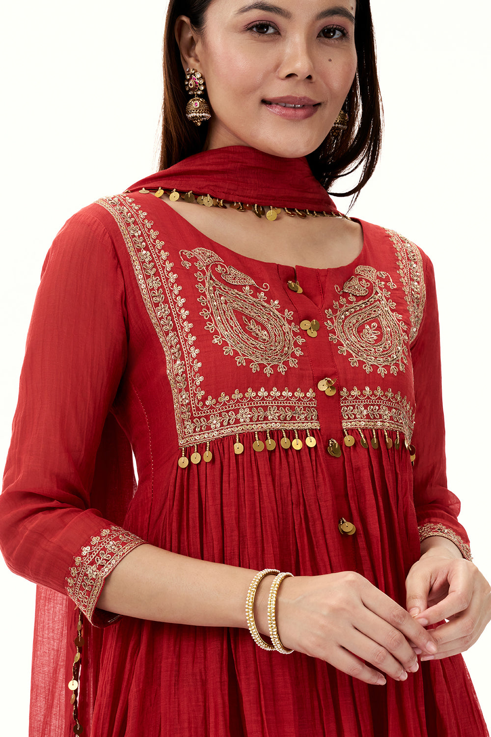 Red Mul Cotton Suit with Zari Work and Tassels