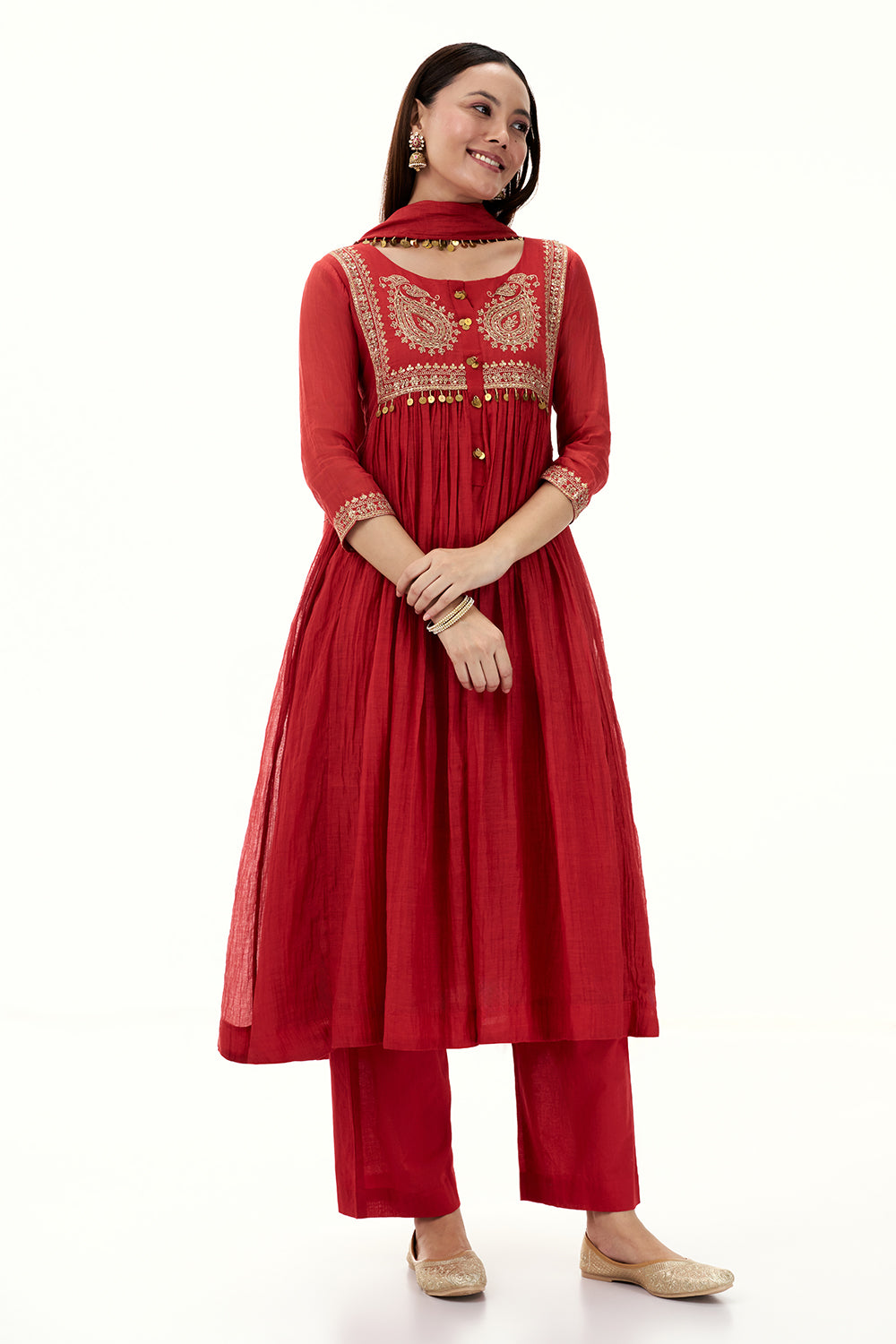 Red Mul Cotton Suit with Zari Work and Tassels