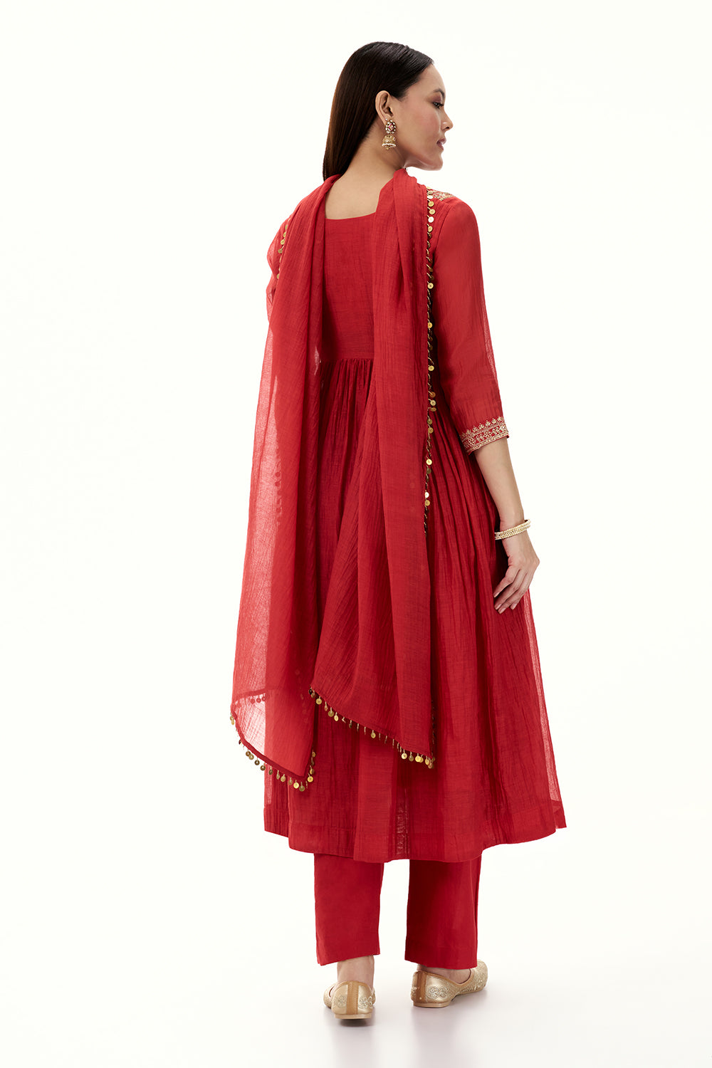 Red Mul Cotton Suit with Zari Work and Tassels