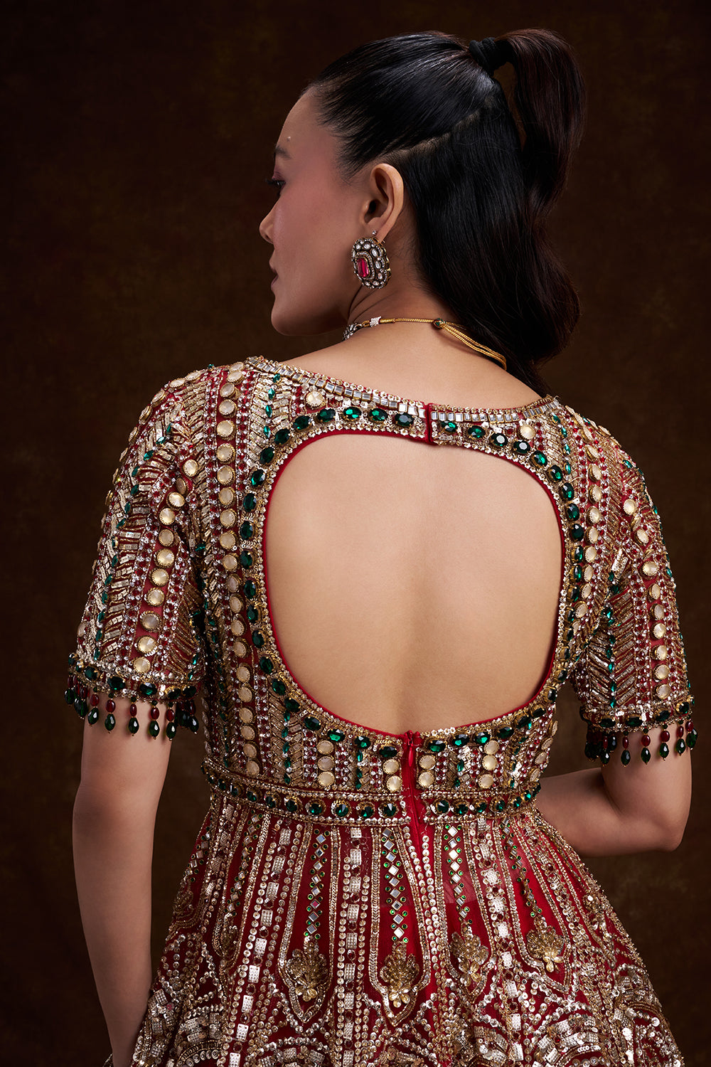 Red Net Bridal Indo-Western Set with Studded Gems and Foil Embellishments