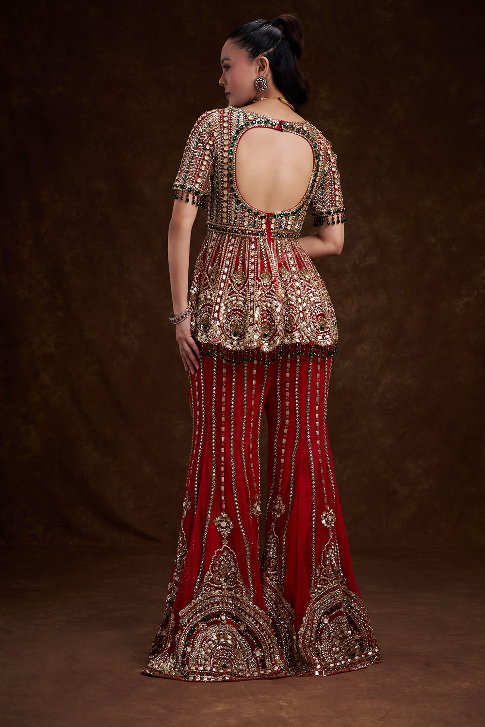 Red Net Bridal Indo-Western Set with Studded Gems and Foil Embellishments