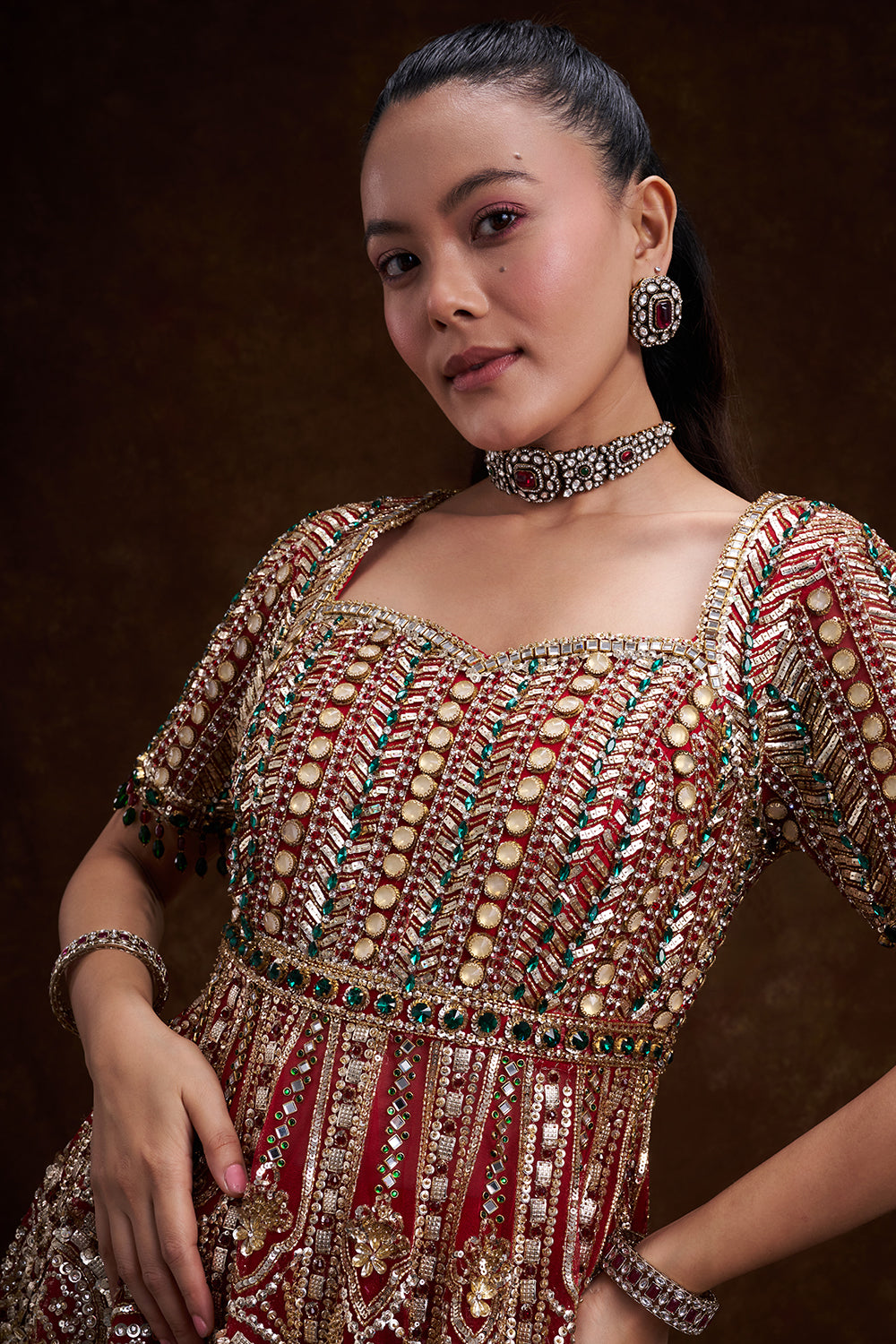 Red Net Bridal Indo-Western Set with Studded Gems and Foil Embellishments