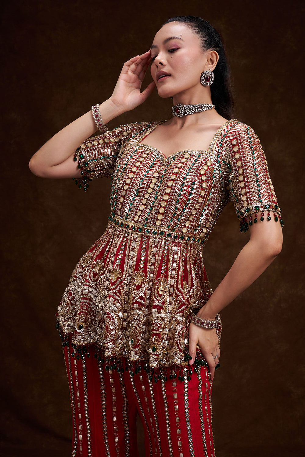 Red Net Bridal Indo-Western Set with Studded Gems and Foil Embellishments