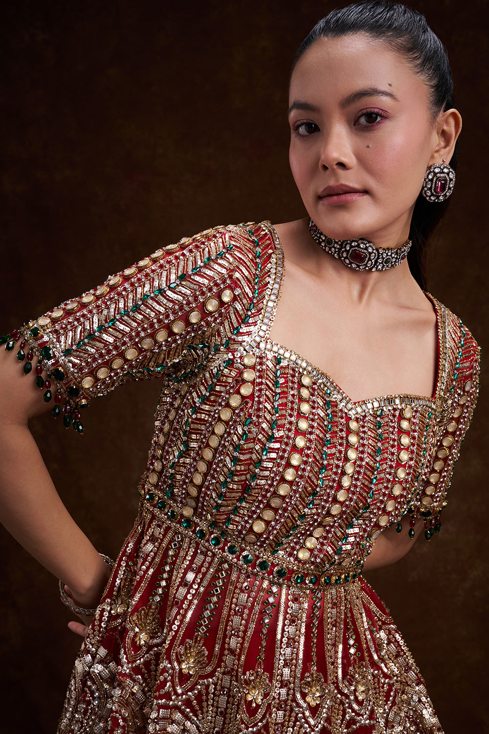 Red Net Bridal Indo-Western Set with Studded Gems and Foil Embellishments