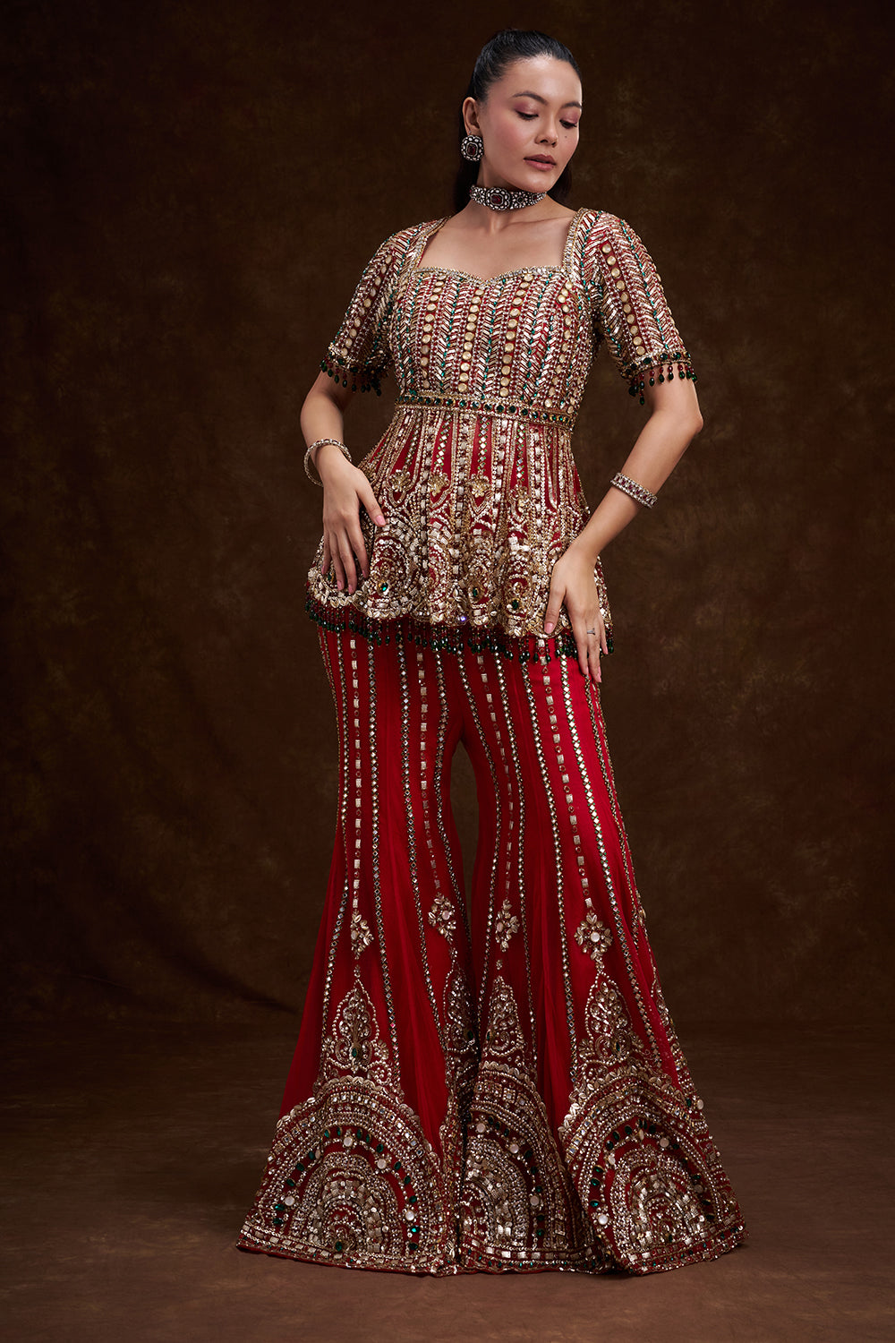 Red Net Bridal Indo-Western Set with Studded Gems and Foil Embellishments