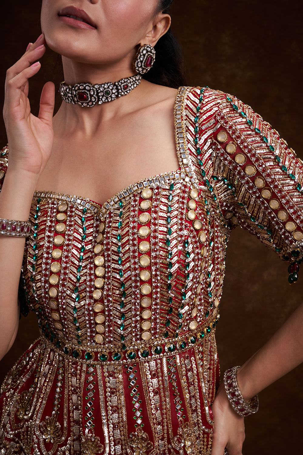 Red Net Bridal Indo-Western Set with Studded Gems and Foil Embellishments