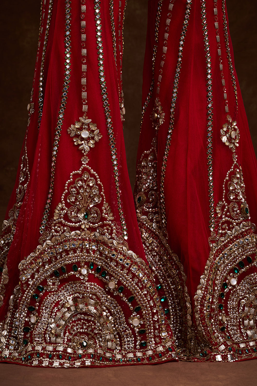 Red Net Bridal Indo-Western Set with Studded Gems and Foil Embellishments