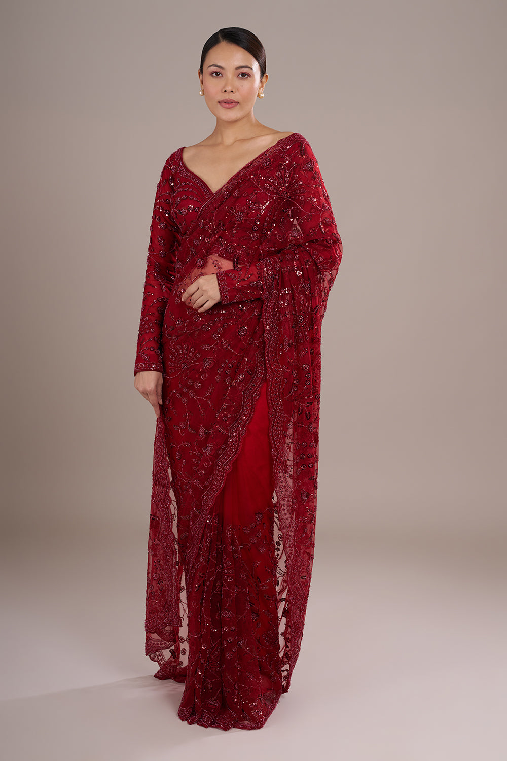 Red Net Saree with Cutdana Embroidery