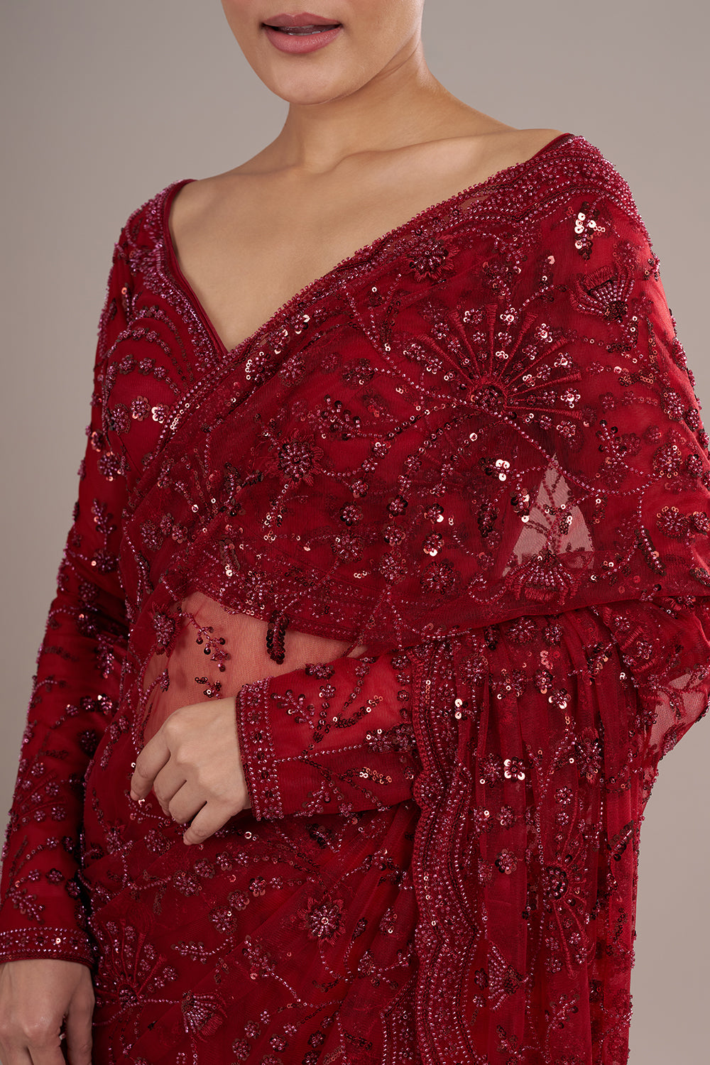 Red Net Saree with Cutdana Embroidery