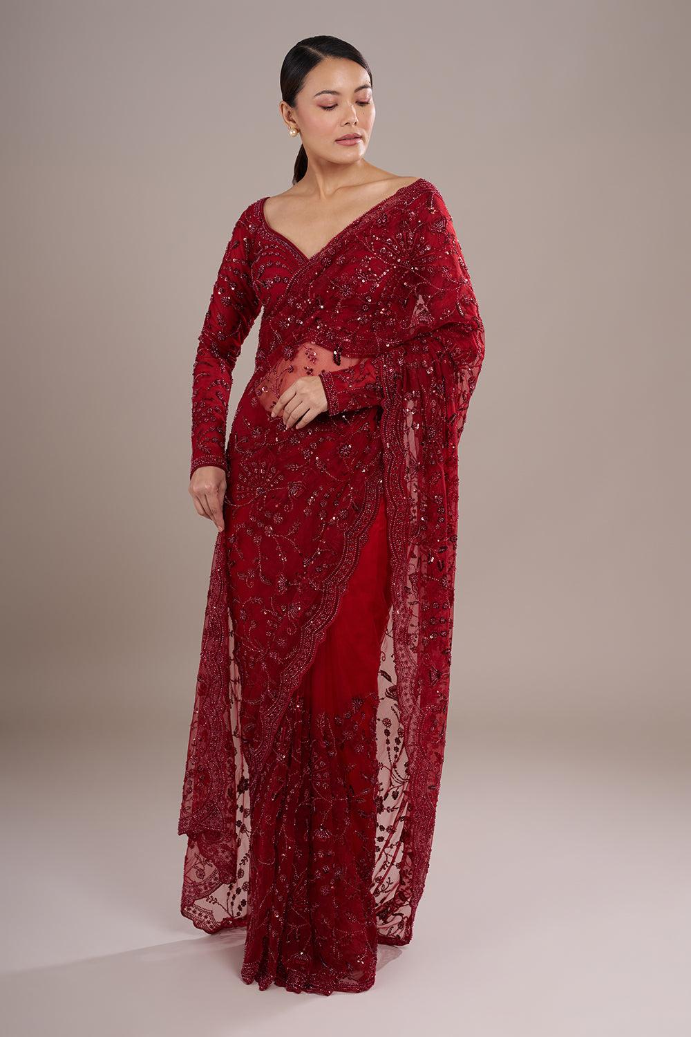 Red Net Saree with Cutdana Embroidery