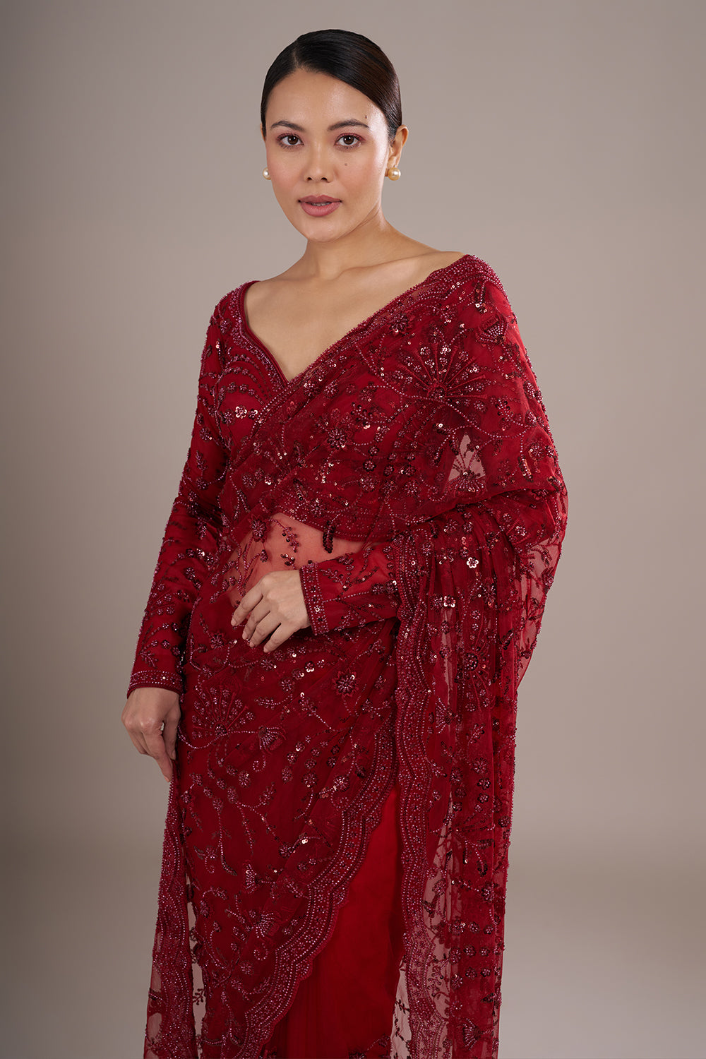 Red Net Saree with Cutdana Embroidery