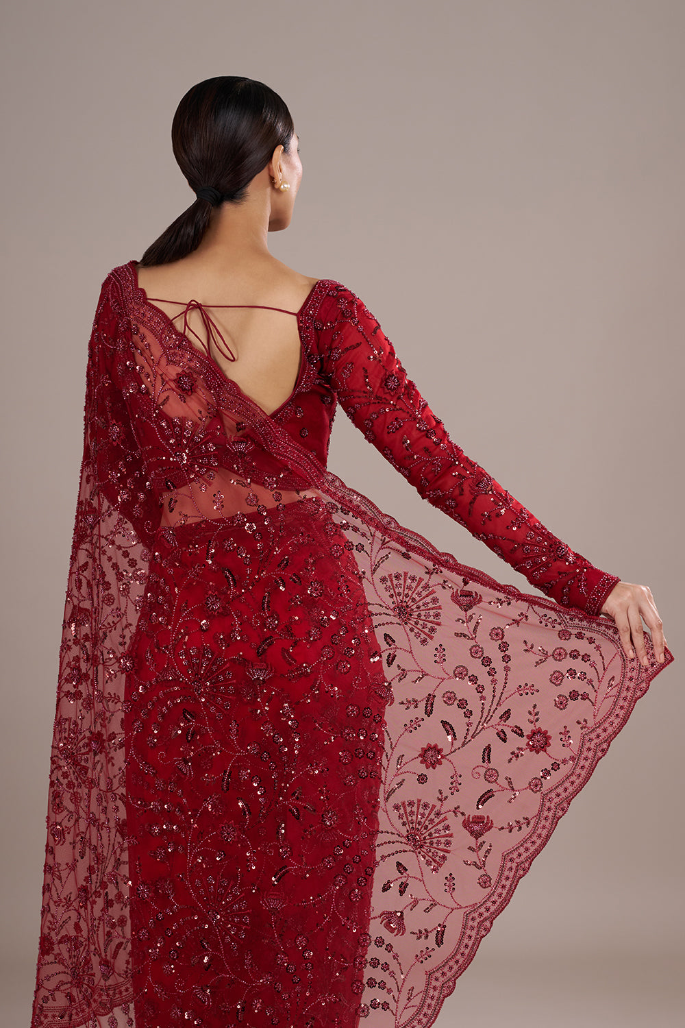 Red Net Saree with Cutdana Embroidery