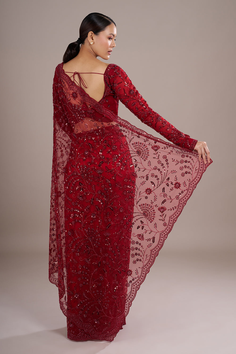 Red Net Saree with Cutdana Embroidery