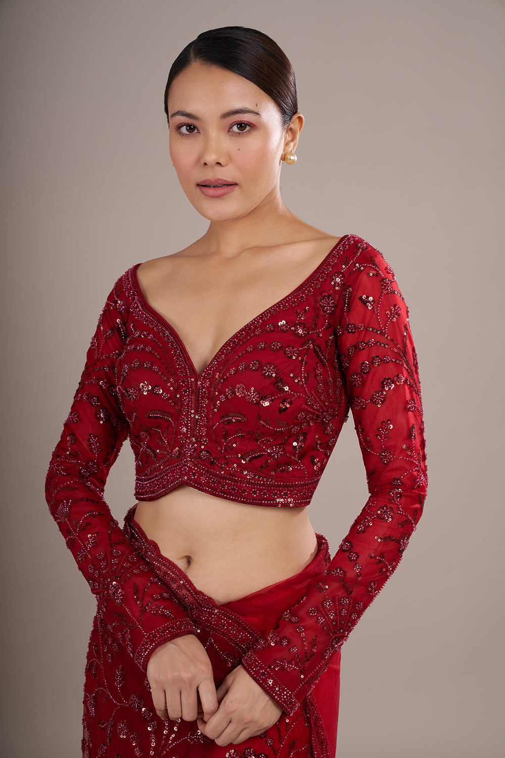 Red Net Saree with Cutdana Embroidery