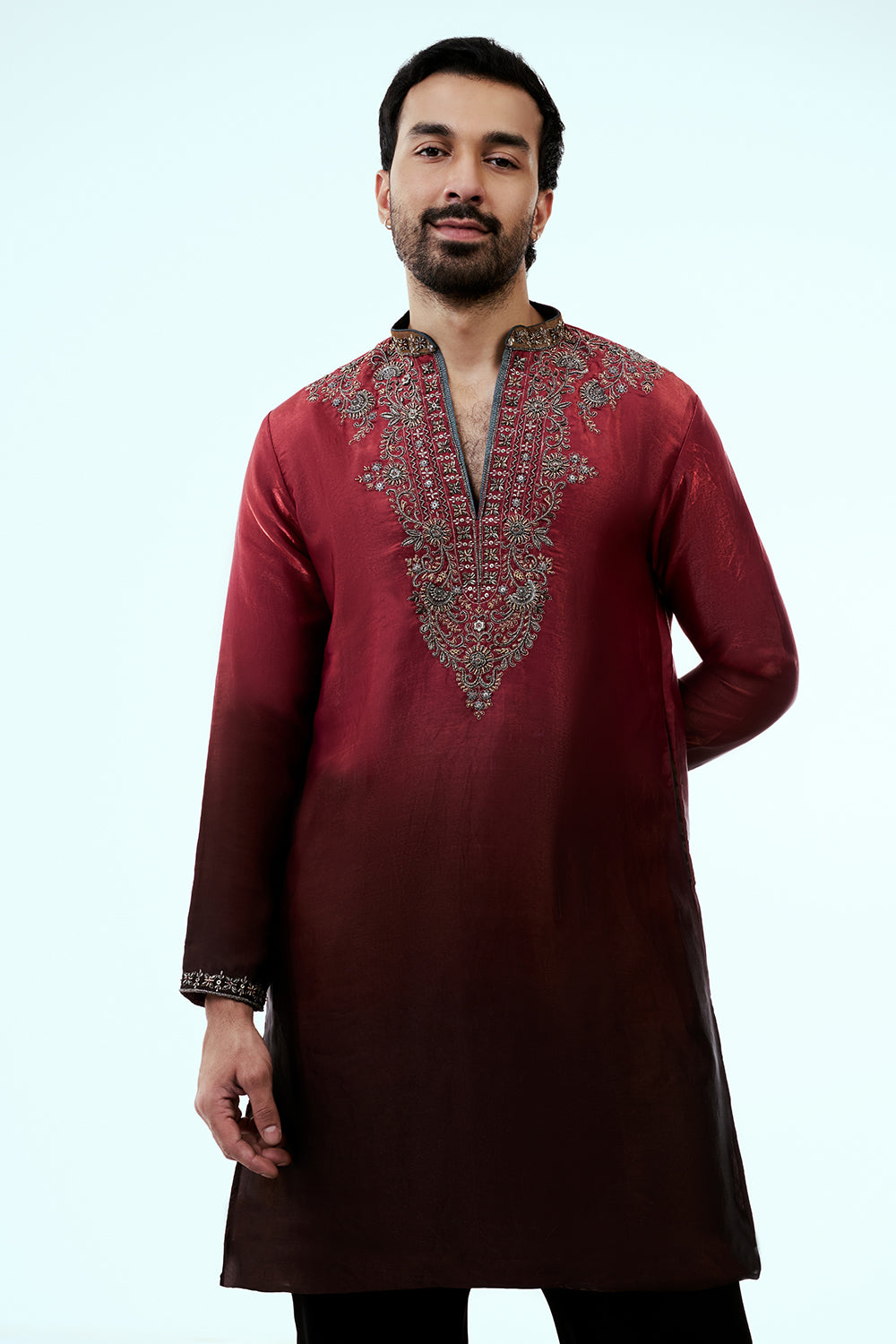 Red Ombre Tissue Organza Mens Kurta Set with Metallic Handwork