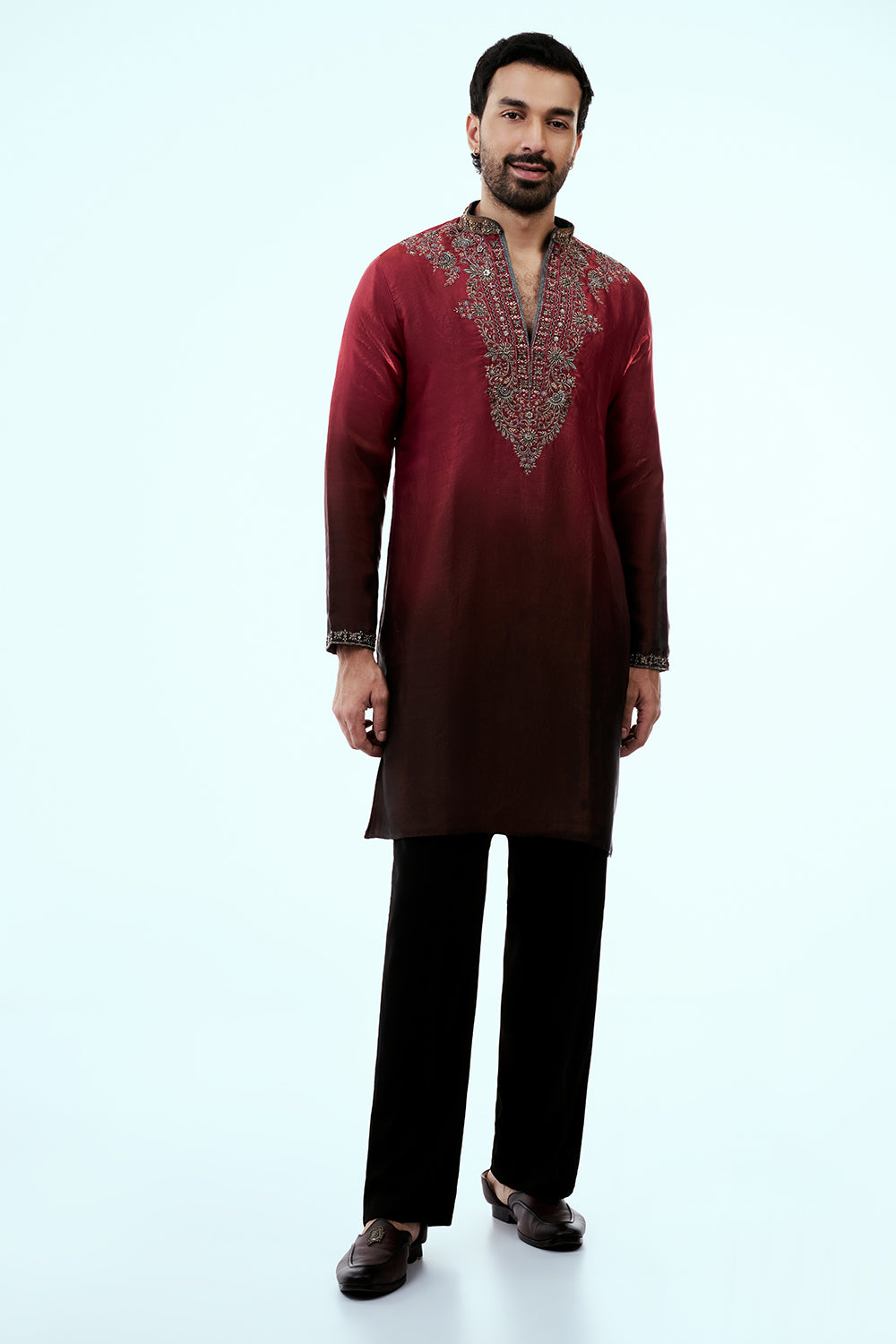 Red Ombre Tissue Organza Mens Kurta Set with Metallic Handwork