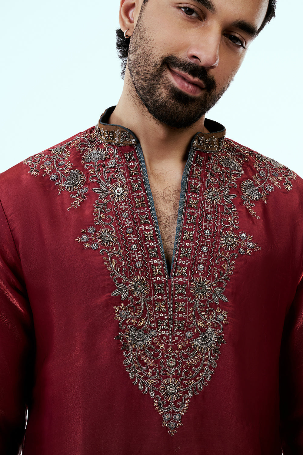 Red Ombre Tissue Organza Mens Kurta Set with Metallic Handwork