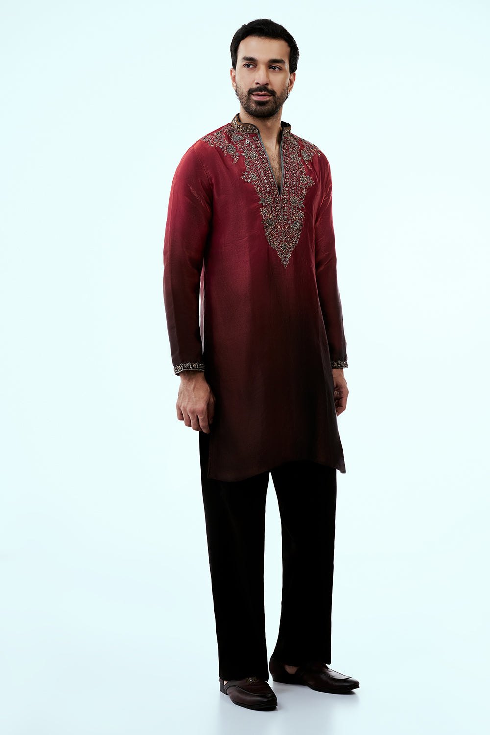 Red Ombre Tissue Organza Mens Kurta Set with Metallic Handwork