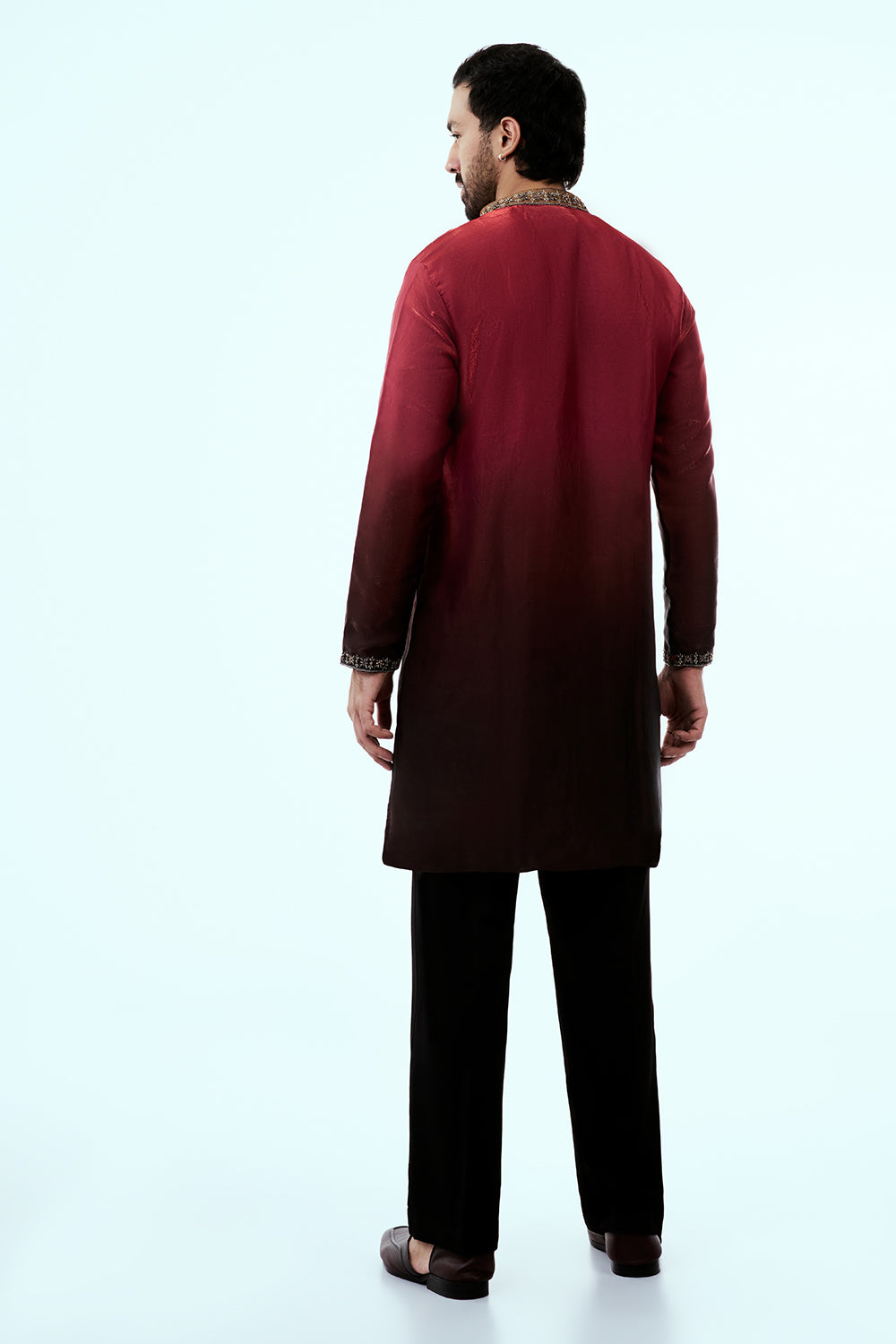 Red Ombre Tissue Organza Mens Kurta Set with Metallic Handwork