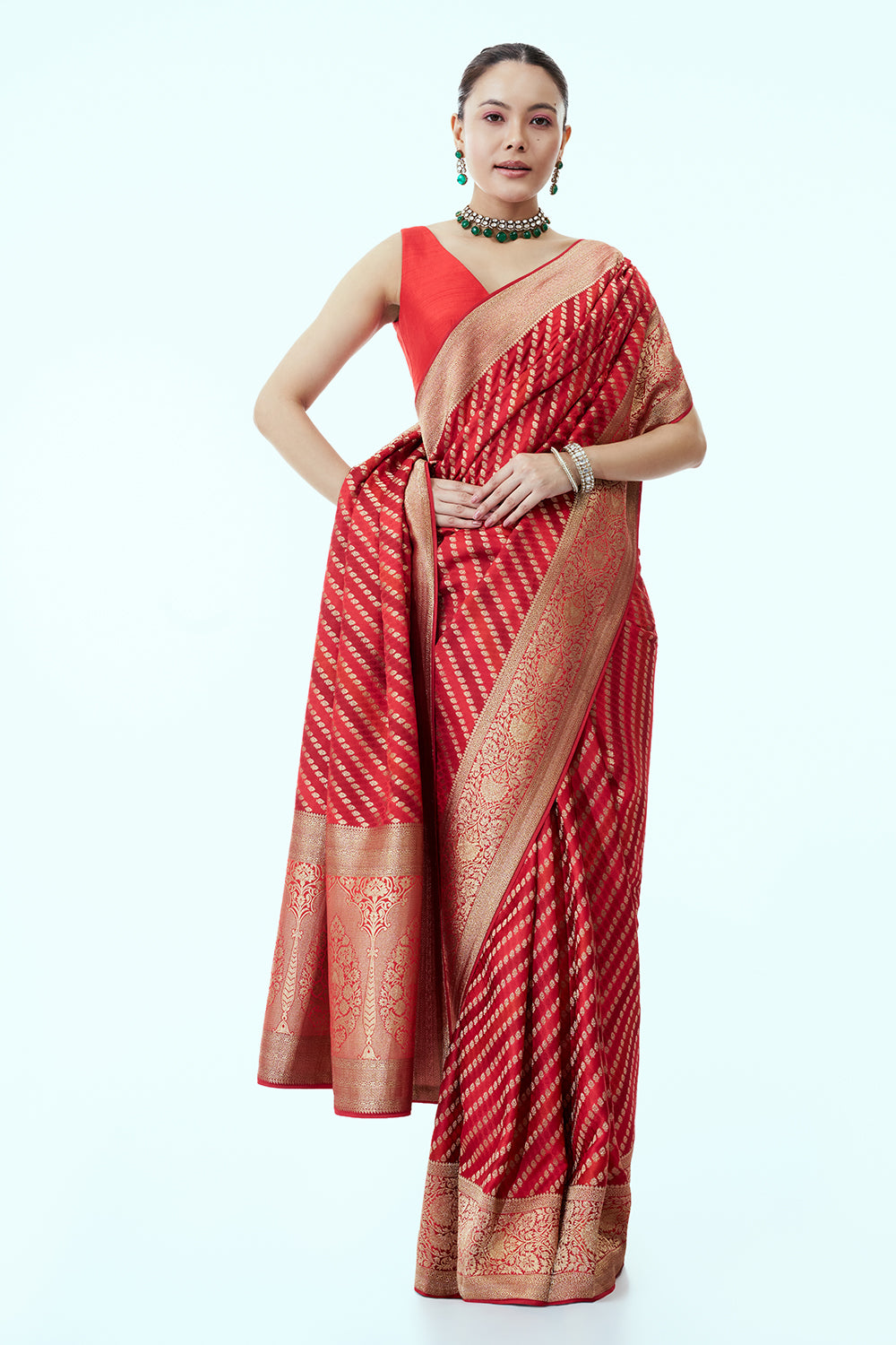 Red Orange Woven Banarasi Saree with Resham and Zari Woven Work and Unstitched Blouse