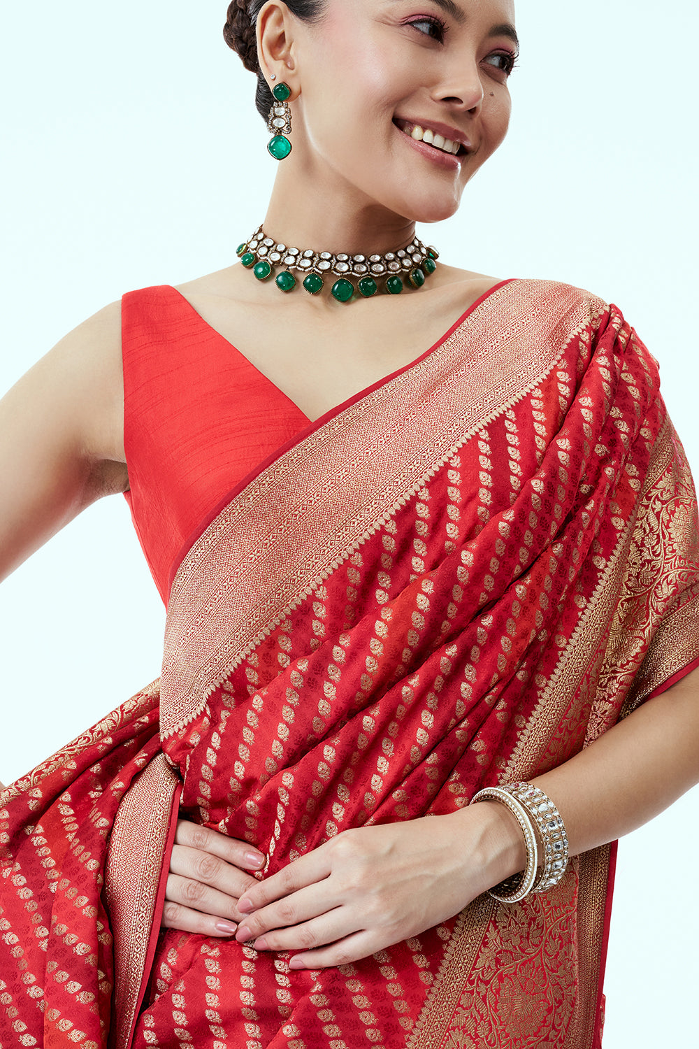Red Orange Woven Banarasi Saree with Resham and Zari Woven Work and Unstitched Blouse