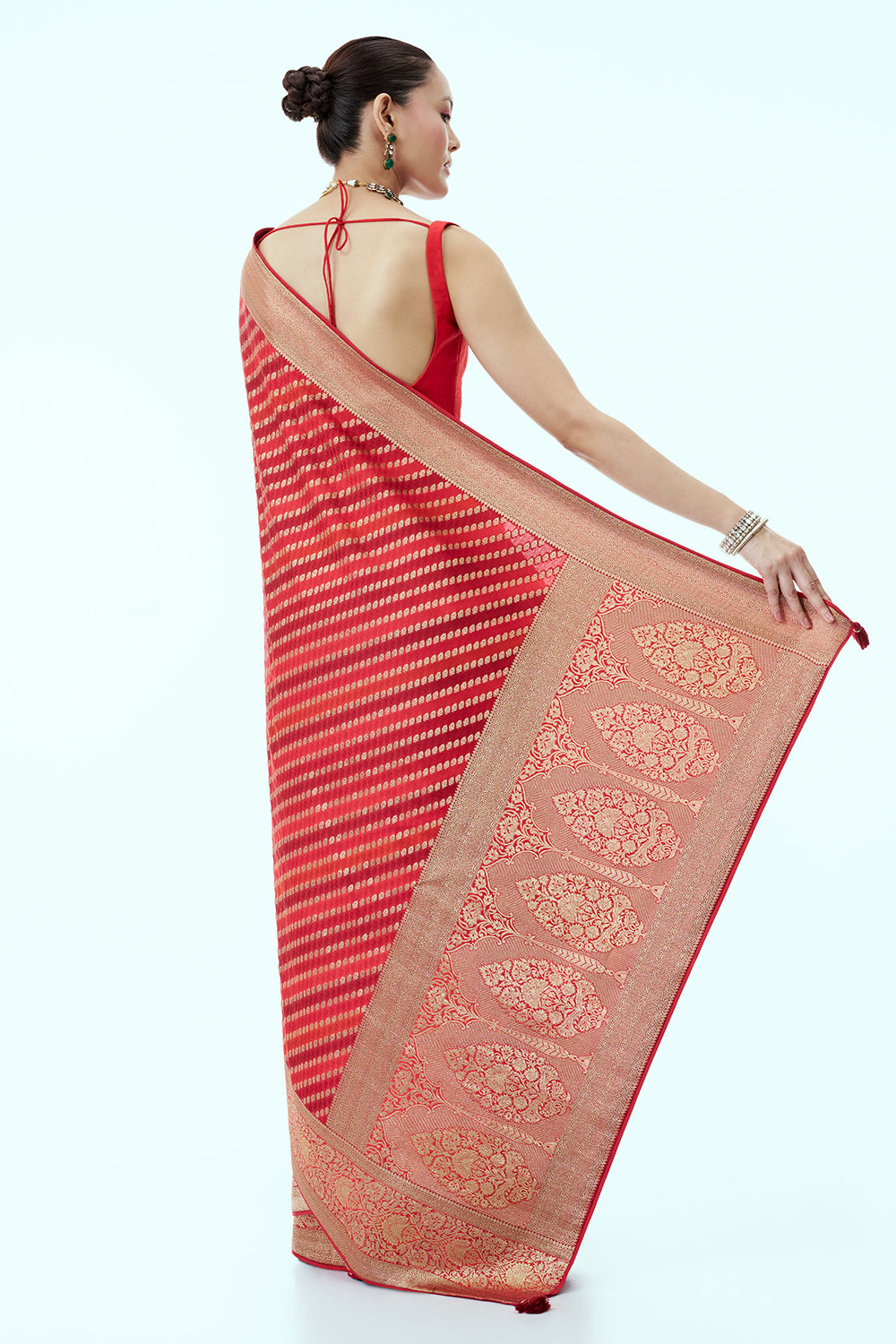 Red Orange Woven Banarasi Saree with Resham and Zari Woven Work and Unstitched Blouse