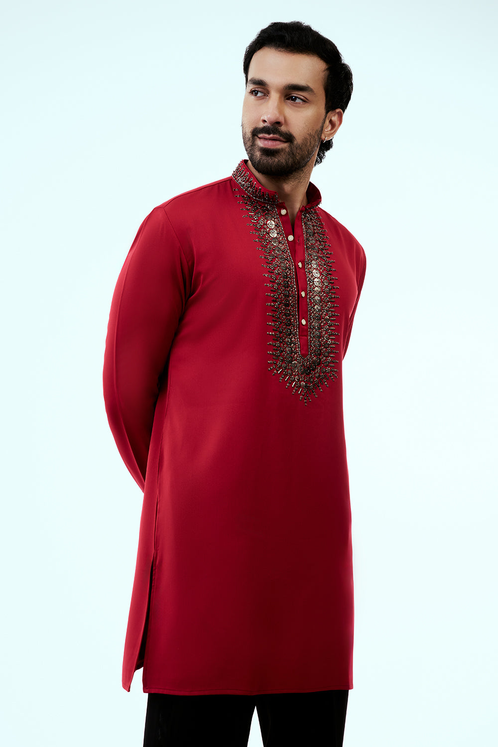 Red Premium Crepe Mens Kurta Set with Sequins Work