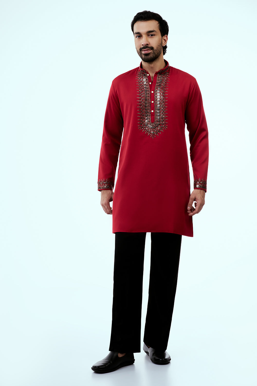 Red Premium Crepe Mens Kurta Set with Sequins Work