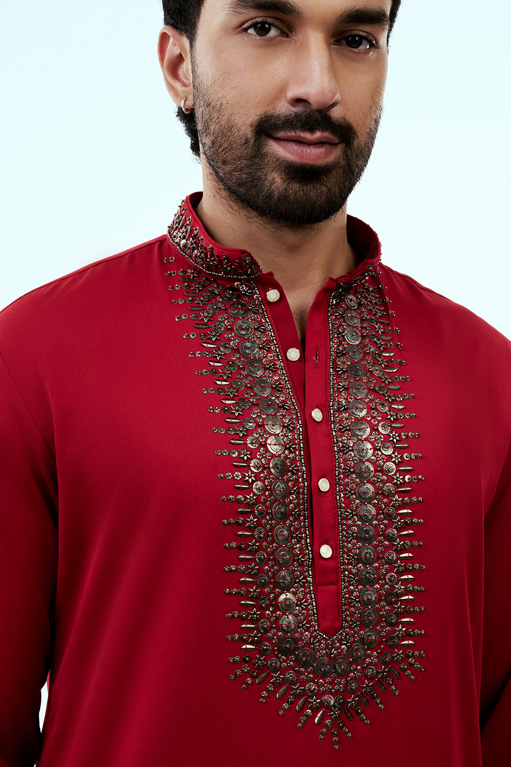 Red Premium Crepe Mens Kurta Set with Sequins Work