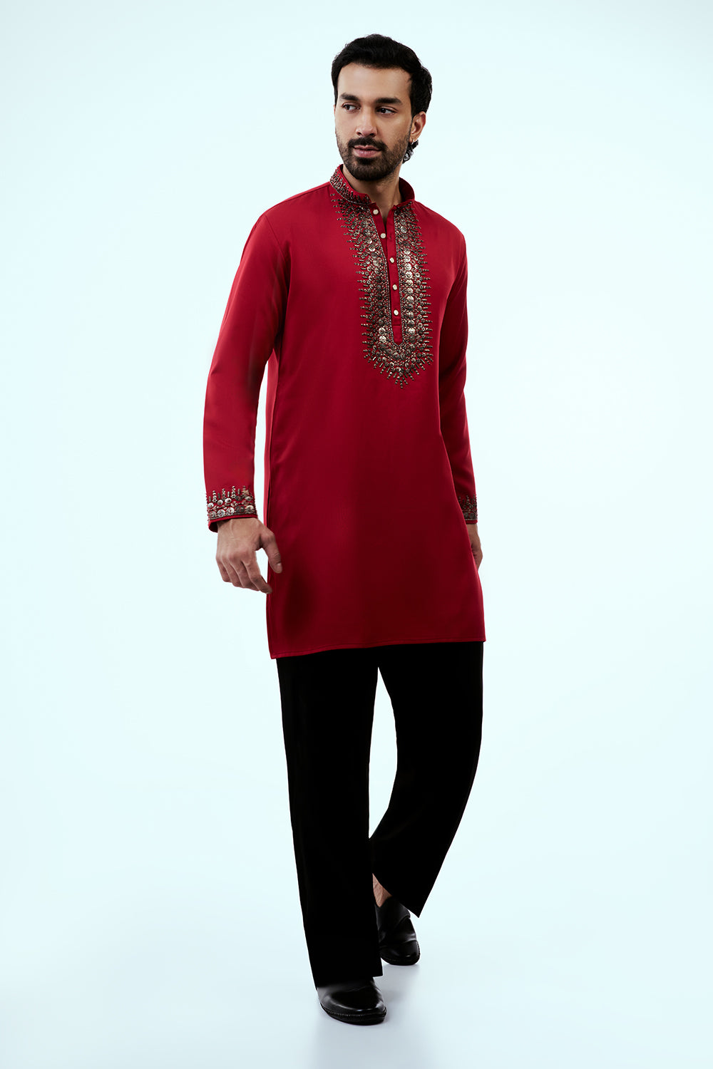 Red Premium Crepe Mens Kurta Set with Sequins Work