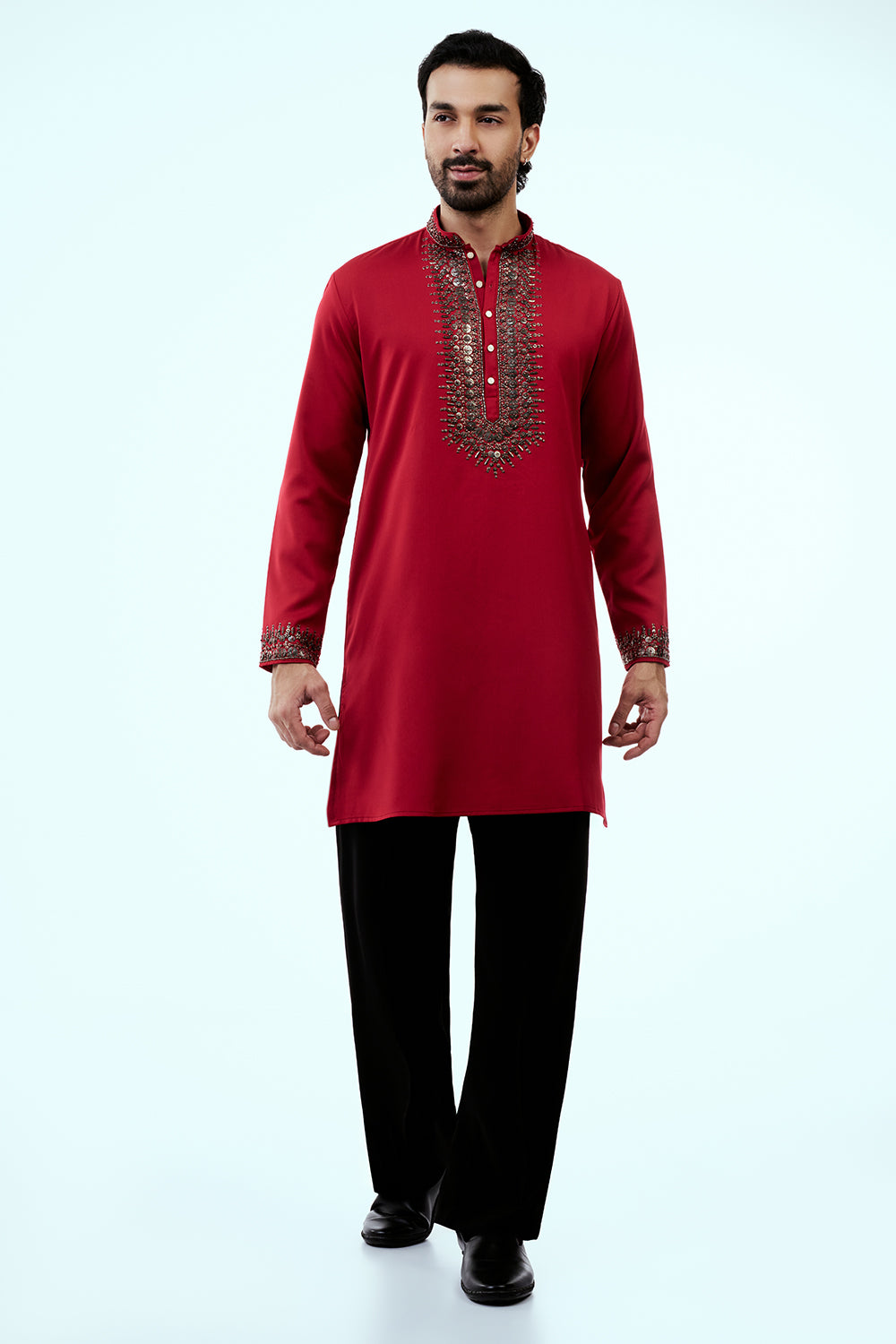 Red Premium Crepe Mens Kurta Set with Sequins Work