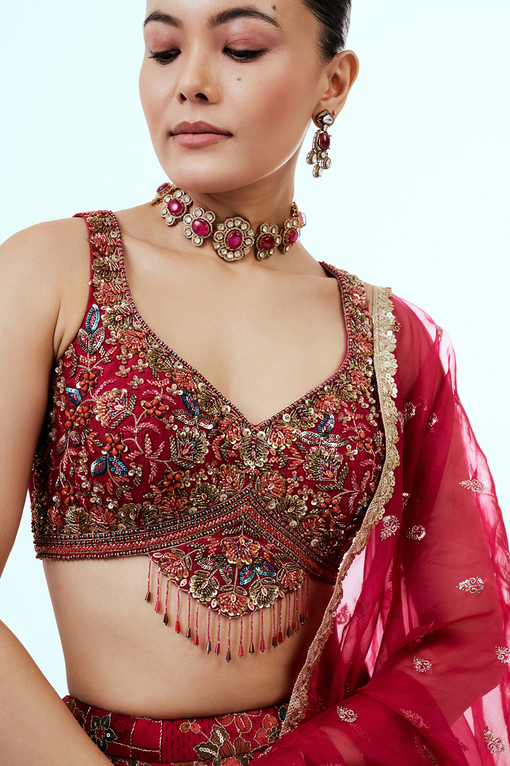 Red Printed Art Silk Lehenga with Zari Embroidery