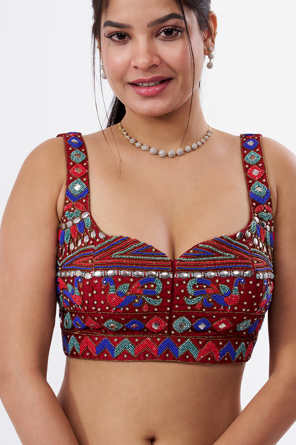 Red Raw Silk Blouse with Peacock Embroidery