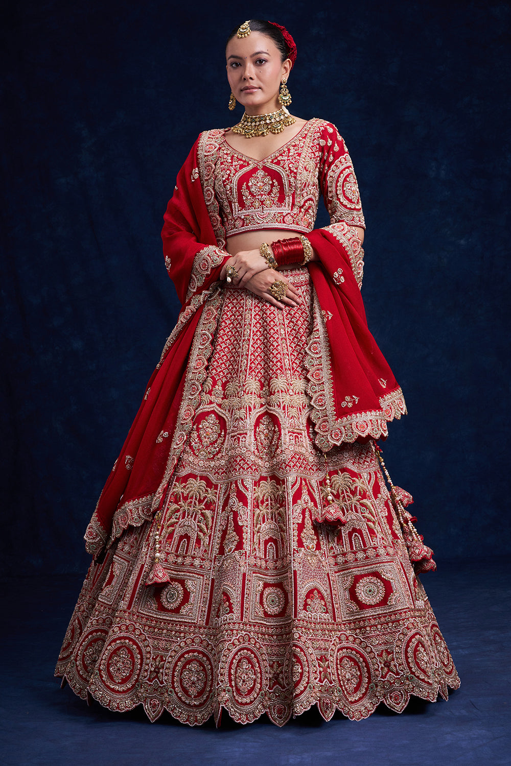 Red Raw Silk Bridal Lehenga with Cutdana and French Knot Work