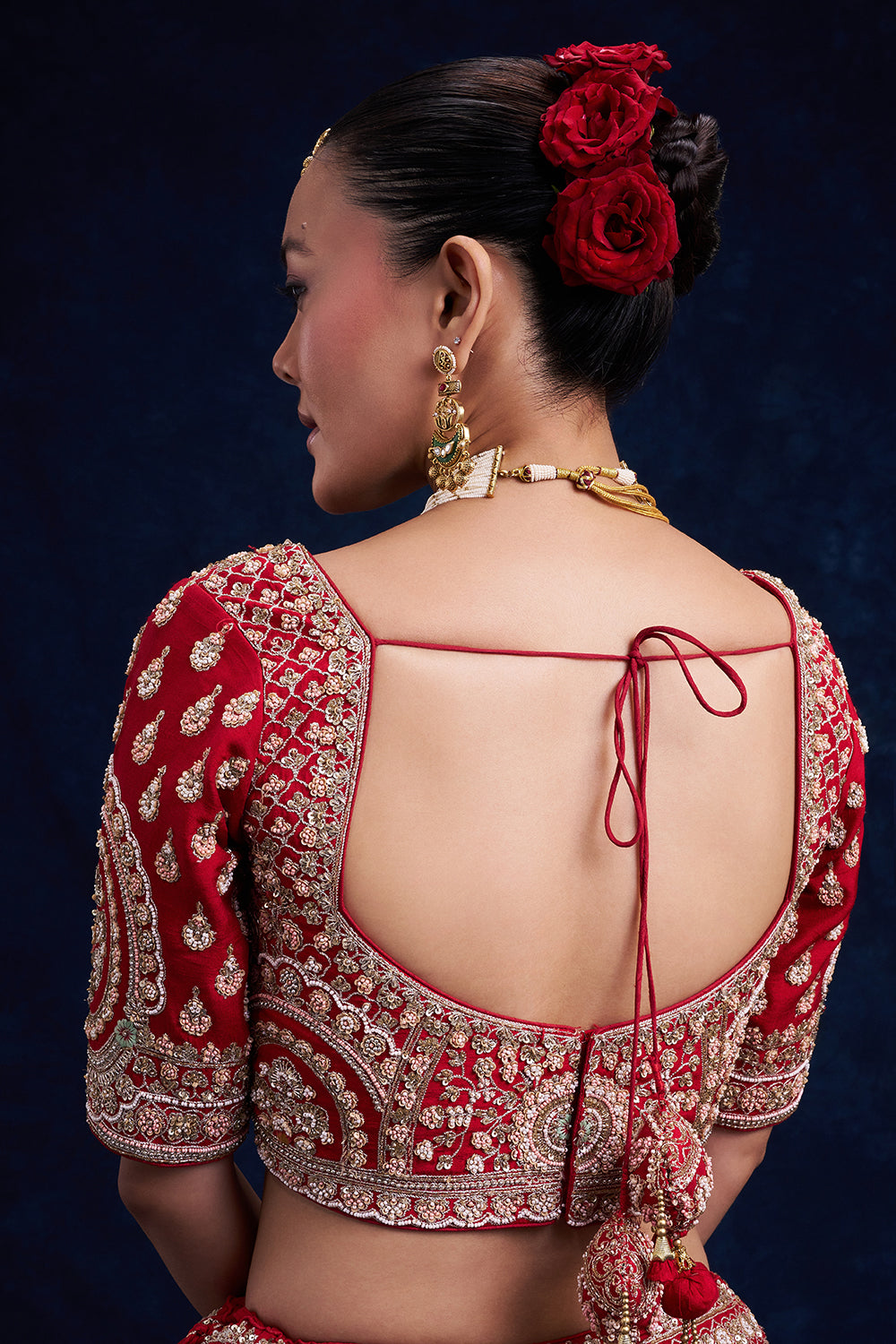 Red Raw Silk Bridal Lehenga with Cutdana and French Knot Work