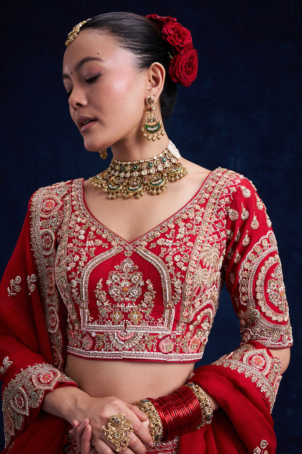 Red Raw Silk Bridal Lehenga with Cutdana and French Knot Work