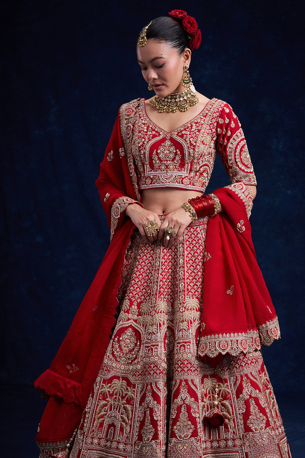 Red Raw Silk Bridal Lehenga with Cutdana and French Knot Work