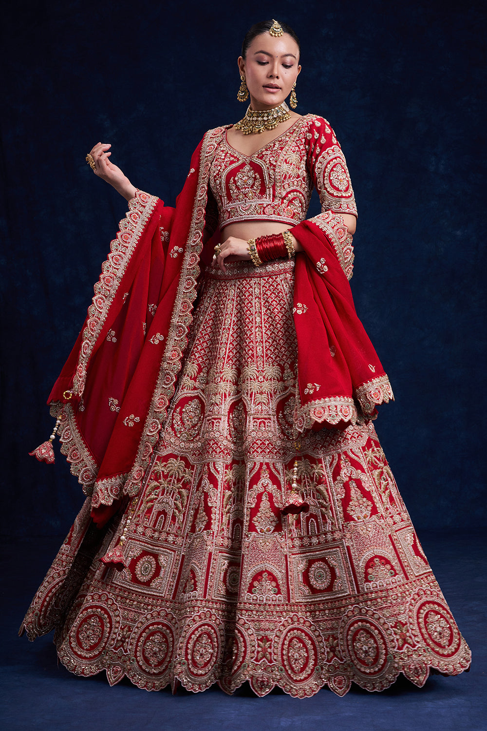 Red Raw Silk Bridal Lehenga with Cutdana and French Knot Work