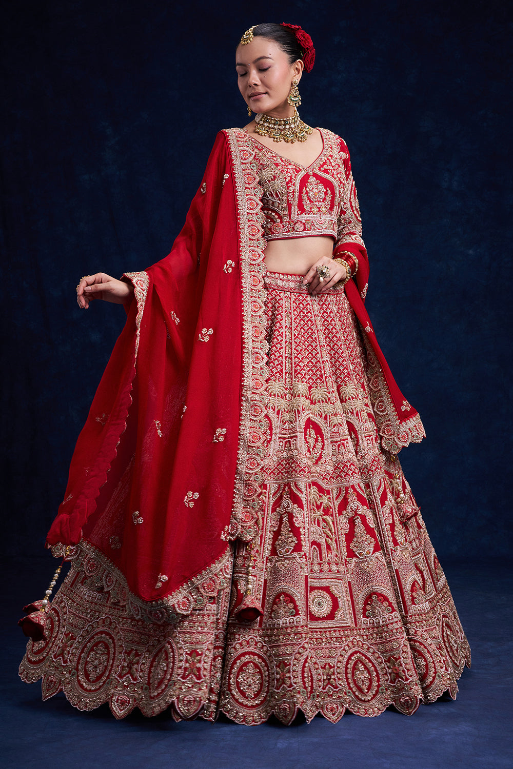 Red Raw Silk Bridal Lehenga with Cutdana and French Knot Work