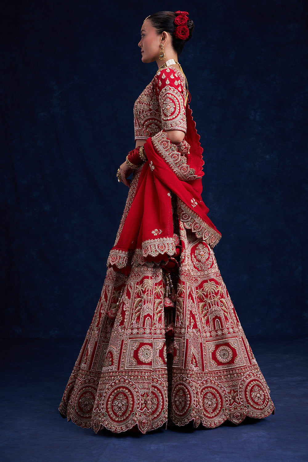 Red Raw Silk Bridal Lehenga with Cutdana and French Knot Work
