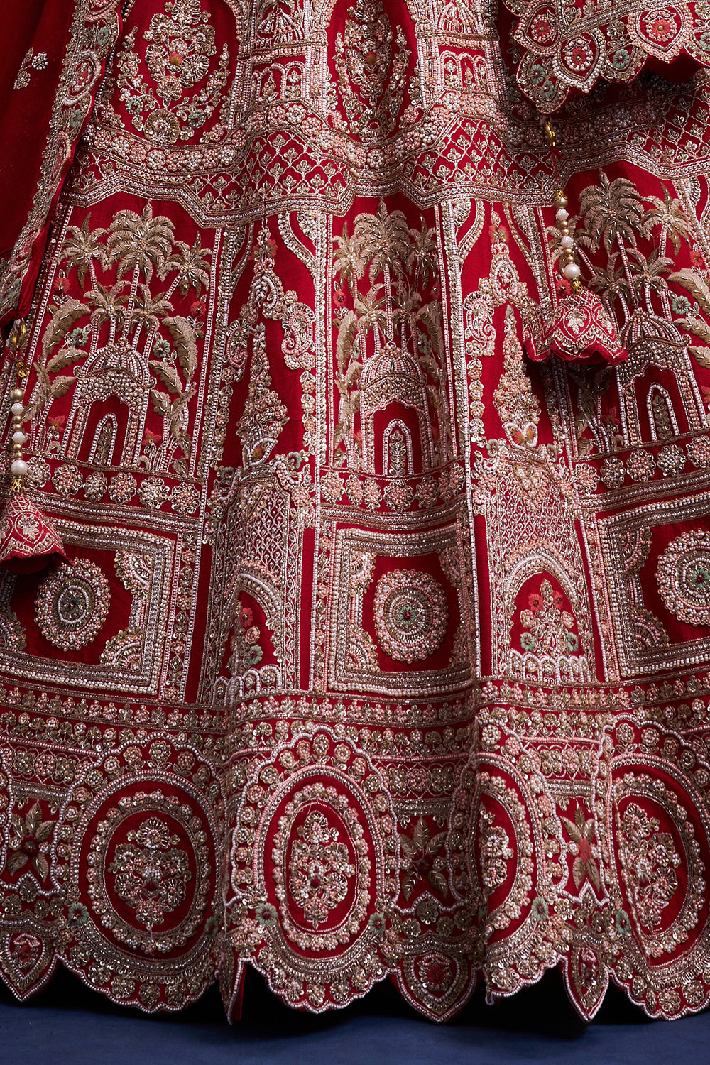 Red Raw Silk Bridal Lehenga with Cutdana and French Knot Work