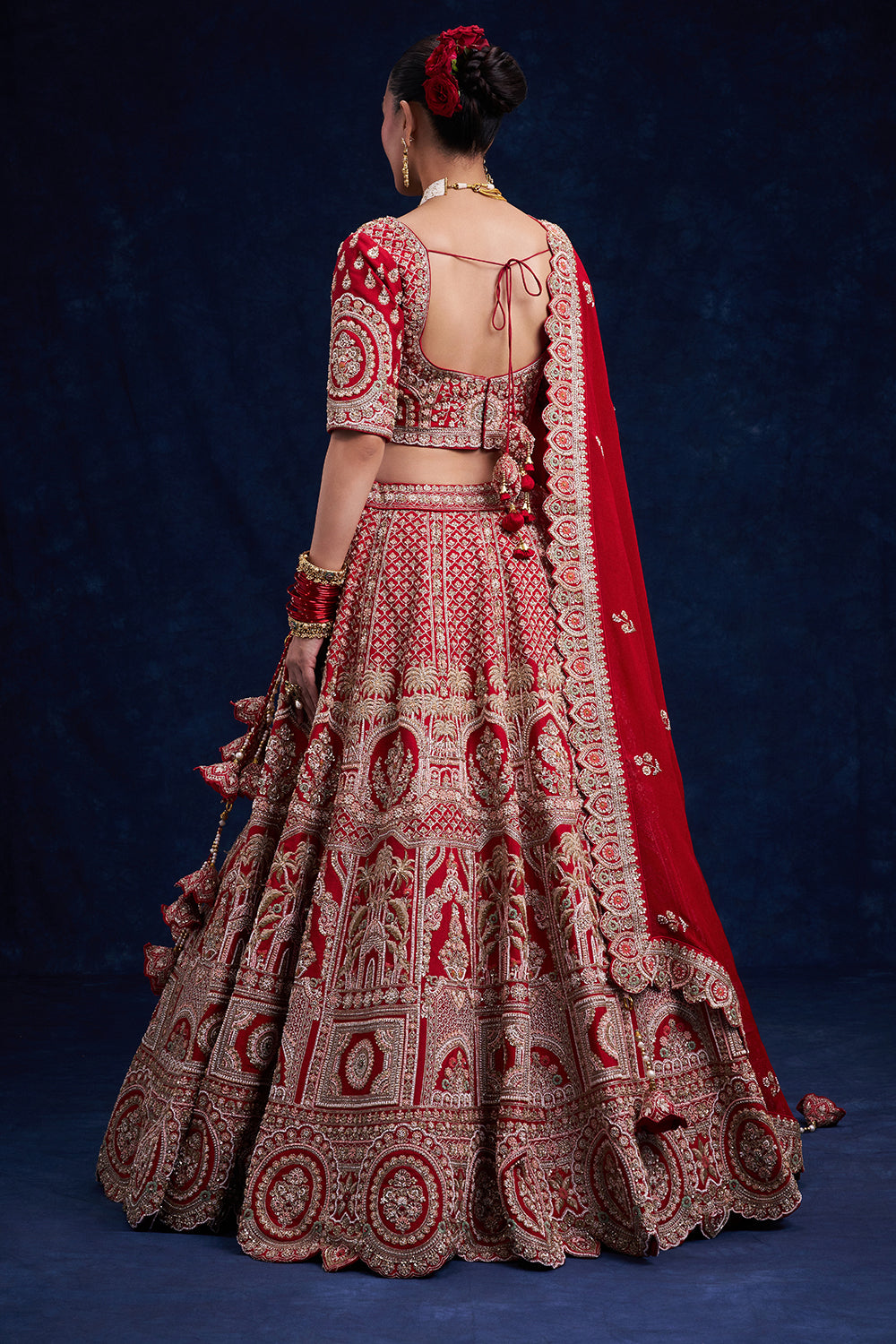 Red Raw Silk Bridal Lehenga with Cutdana and French Knot Work